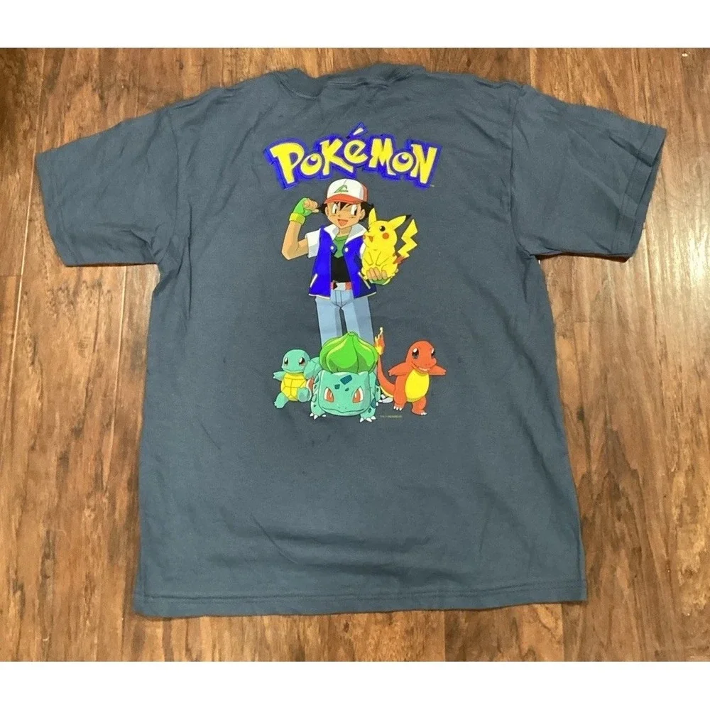 Pokemon T-Shirt Vintage 1999 Youth Size L Blue Graphic Print Double Sided Cotton